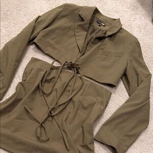 Cropped Tie-Front Blazer Skirt Set